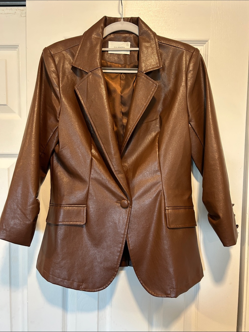 Faux Leather Chocolate Brown Blazer Jacket by Six Fifty
